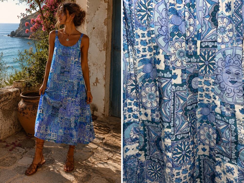 Ro's Garden Blue Patchwork Whimsical 90s Celestial Print Midi Dress Size Small